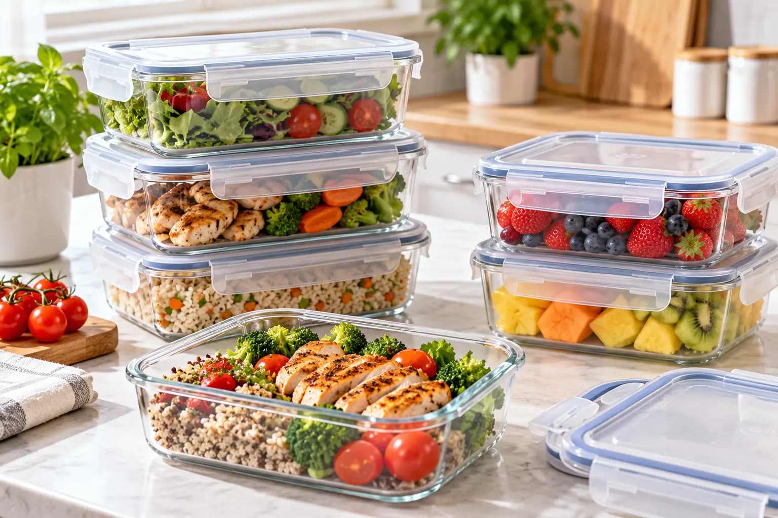Rectangle food container with airtight snap-lock lids filled with grilled chicken, quinoa, fresh vegetables, pasta, and mixed fruit, neatly arranged on a bright kitchen countertop for meal prep and food storage.