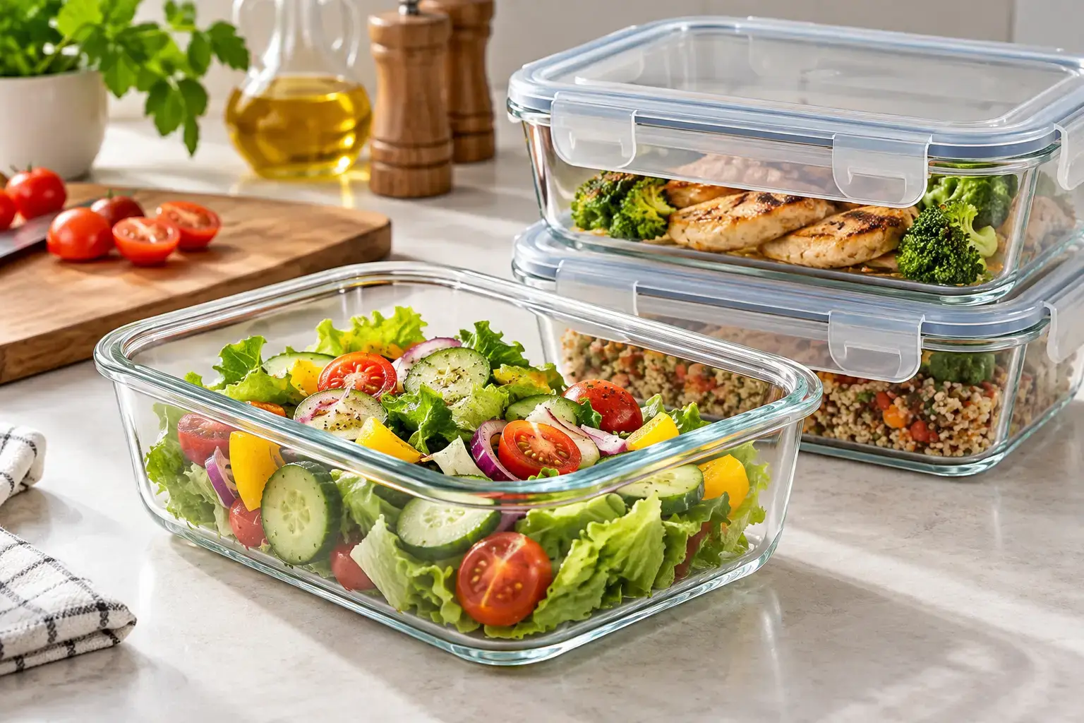 The generated image above showcases rectangular glass containers, fresh food, transparent glass edges, and airtight lids in a naturally lit kitchen setting.