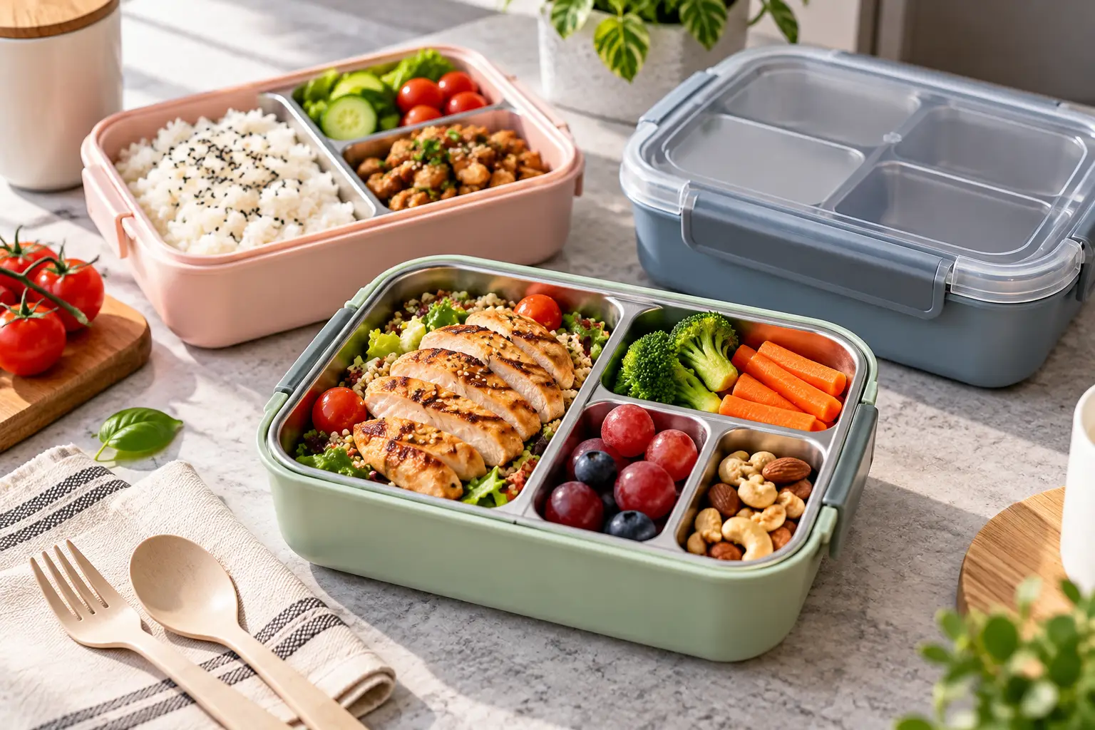 Separated lunch containers with multiple compartments for grilled chicken, rice, fresh vegetables, fruit, and nuts, ideal for packing balanced meals for work, school, or travel.