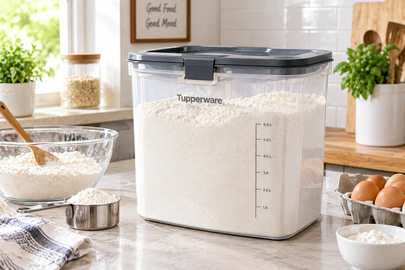Tupperware flour canister featuring a large clear airtight container with a dark lid and secure flip-top opening, filled with white flour on a bright kitchen countertop alongside a measuring cup, flour bowl, brown eggs, and wooden rolling pin.
