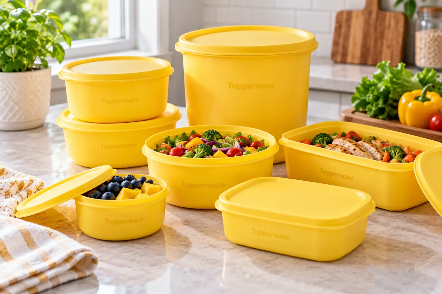 Yellow Tupperware featuring bright yellow food storage containers with matching airtight lids, filled with fresh salads, grilled chicken, fruit, and vegetables on a sunlit kitchen countertop, ideal for meal prep and food storage.